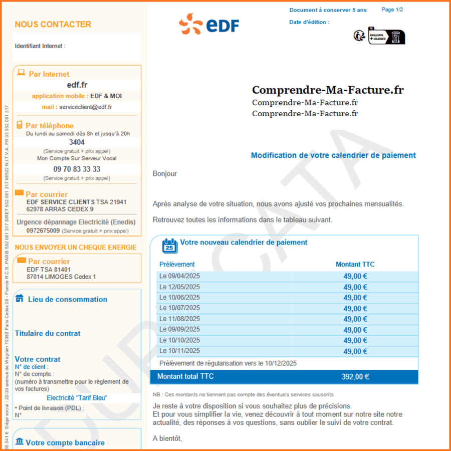 Exemple de facture EDF avec TURPE, Accise, CTA